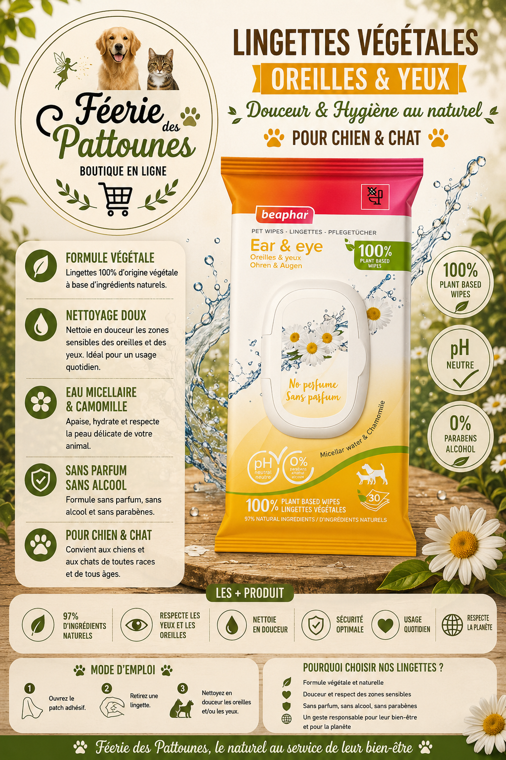 🌿🐾 Lingettes Végétales Oreilles & Yeux – Chien & Chat (30 lingettes)