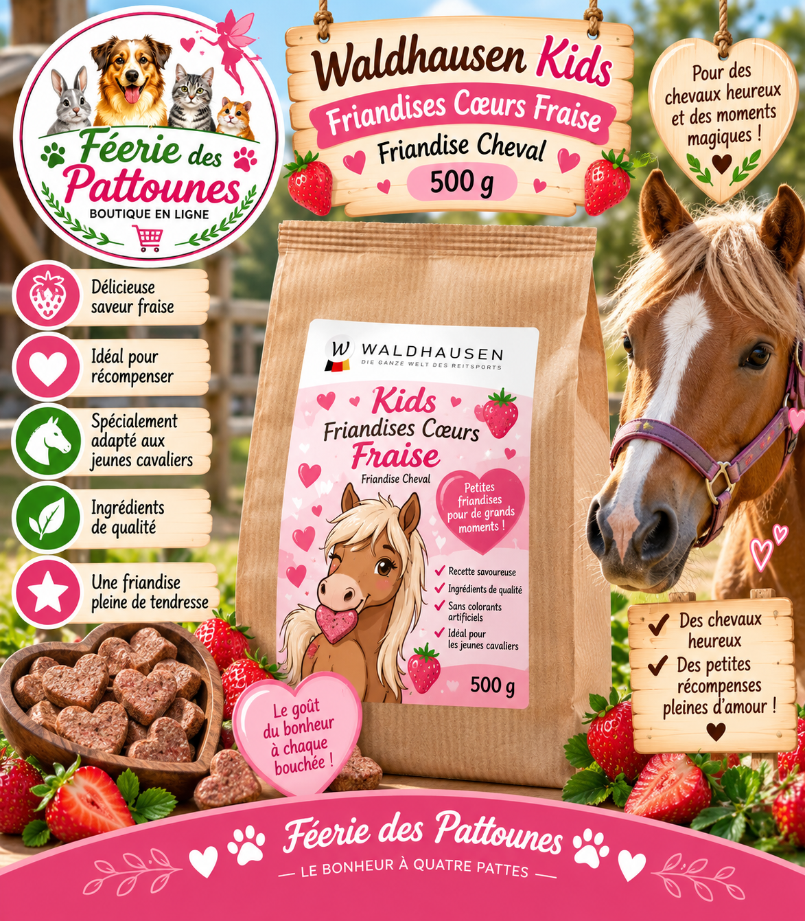 ❤️🍓🐴 Waldhausen Kids – Friandises Cœurs Fraise (500 g)