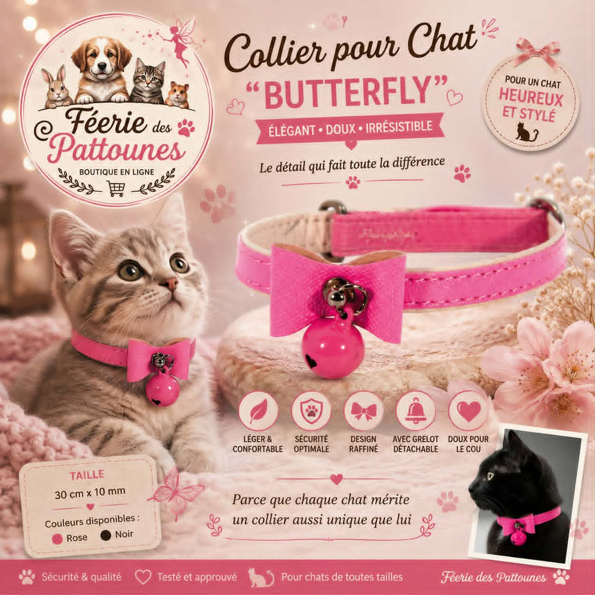 🦋✨ Collier “Butterfly” – Pour Chat (30 cm × 10 mm)