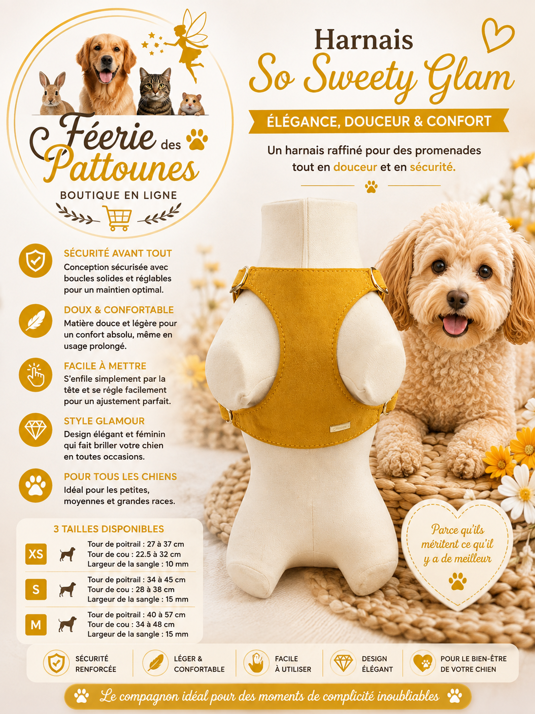 💛✨🐶 Harnais So Sweety Glam – Jaune (Tailles XS • S • M)