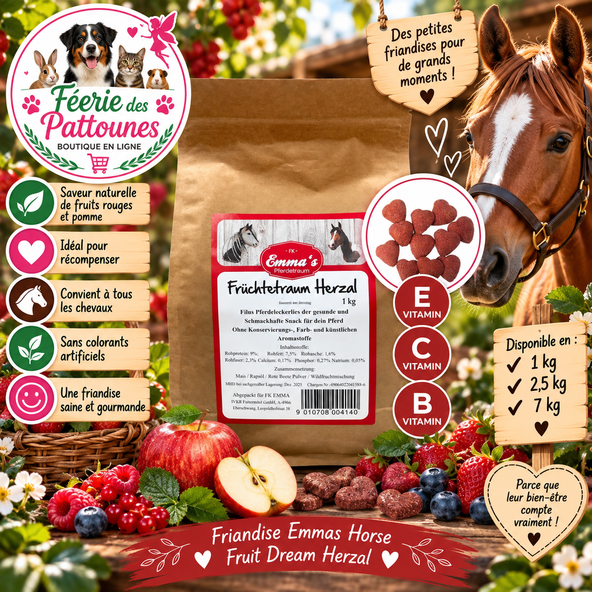 🍇🍓🍒🐴 Emmas Horse – Friandises Fruit Dream Herzal (1 kg • 2,5 kg • 7 kg)