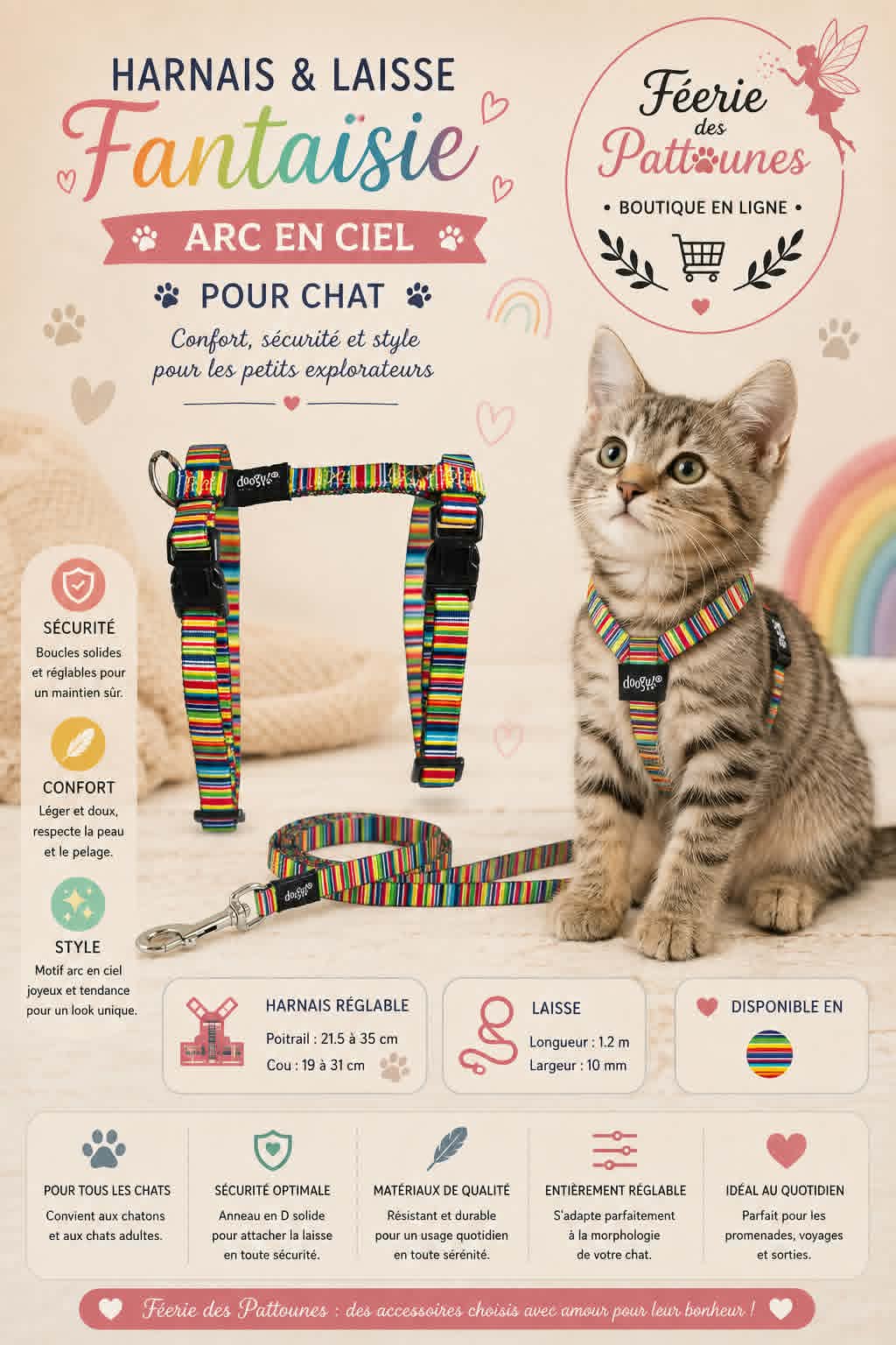 🌈✨ Harnais & Laisse Fantaisie Arc‑en‑Ciel (Chat)