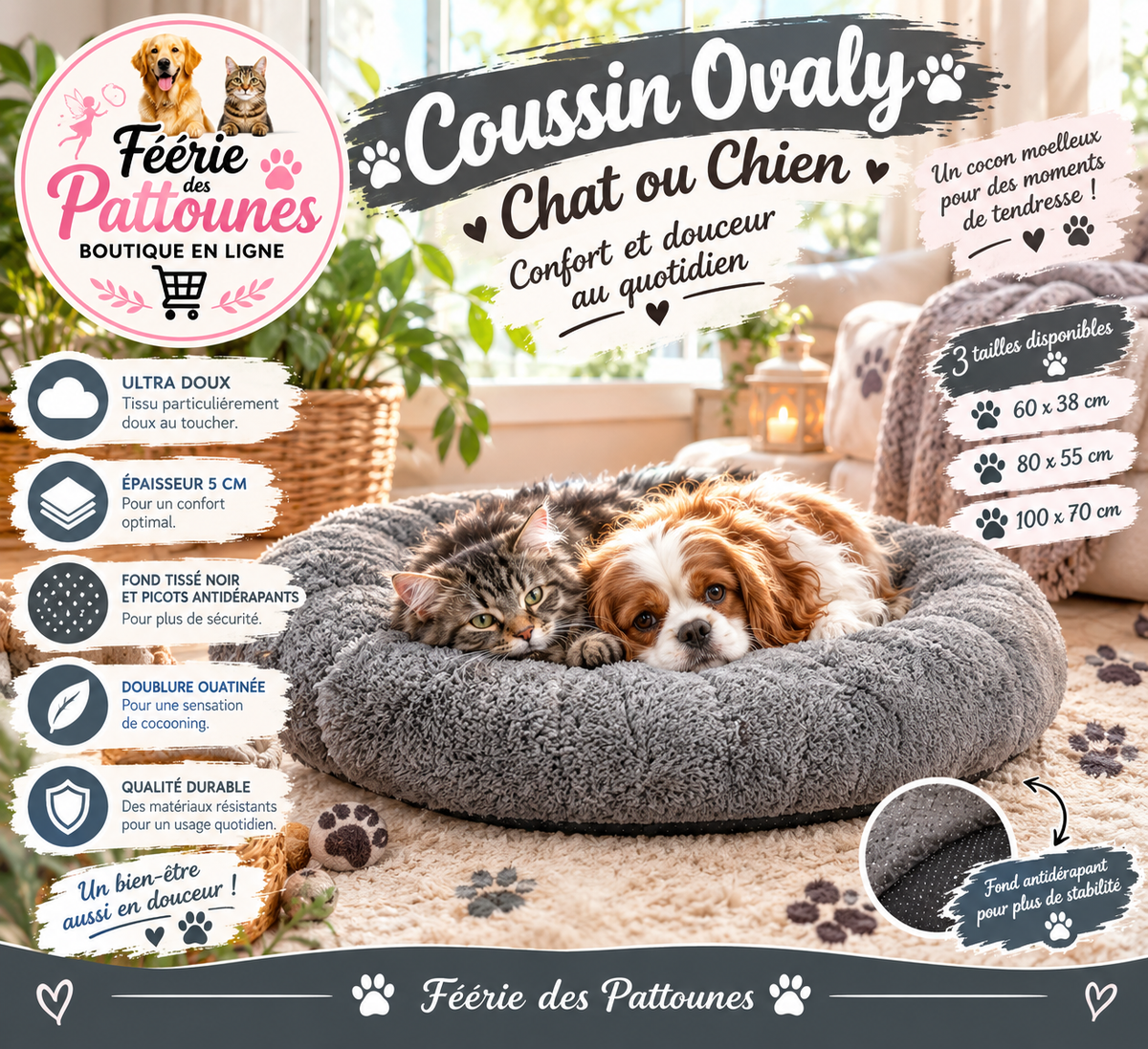 🐾🛏️ Coussin Ovaly – Chat & Petit Chien (3 tailles)