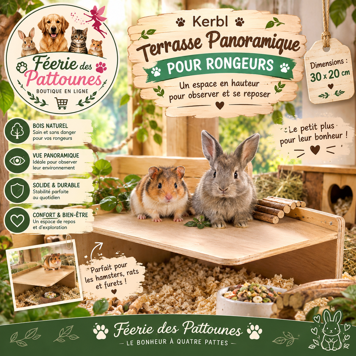🌄🐹 Kerbl – Terrasse Panoramique pour Rongeurs (30 × 20 cm, Bois)