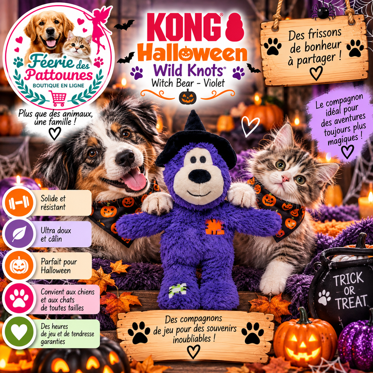 🎃🧸 KONG® Halloween Wild Knots Witch Bear – Violet – 25,4 cm