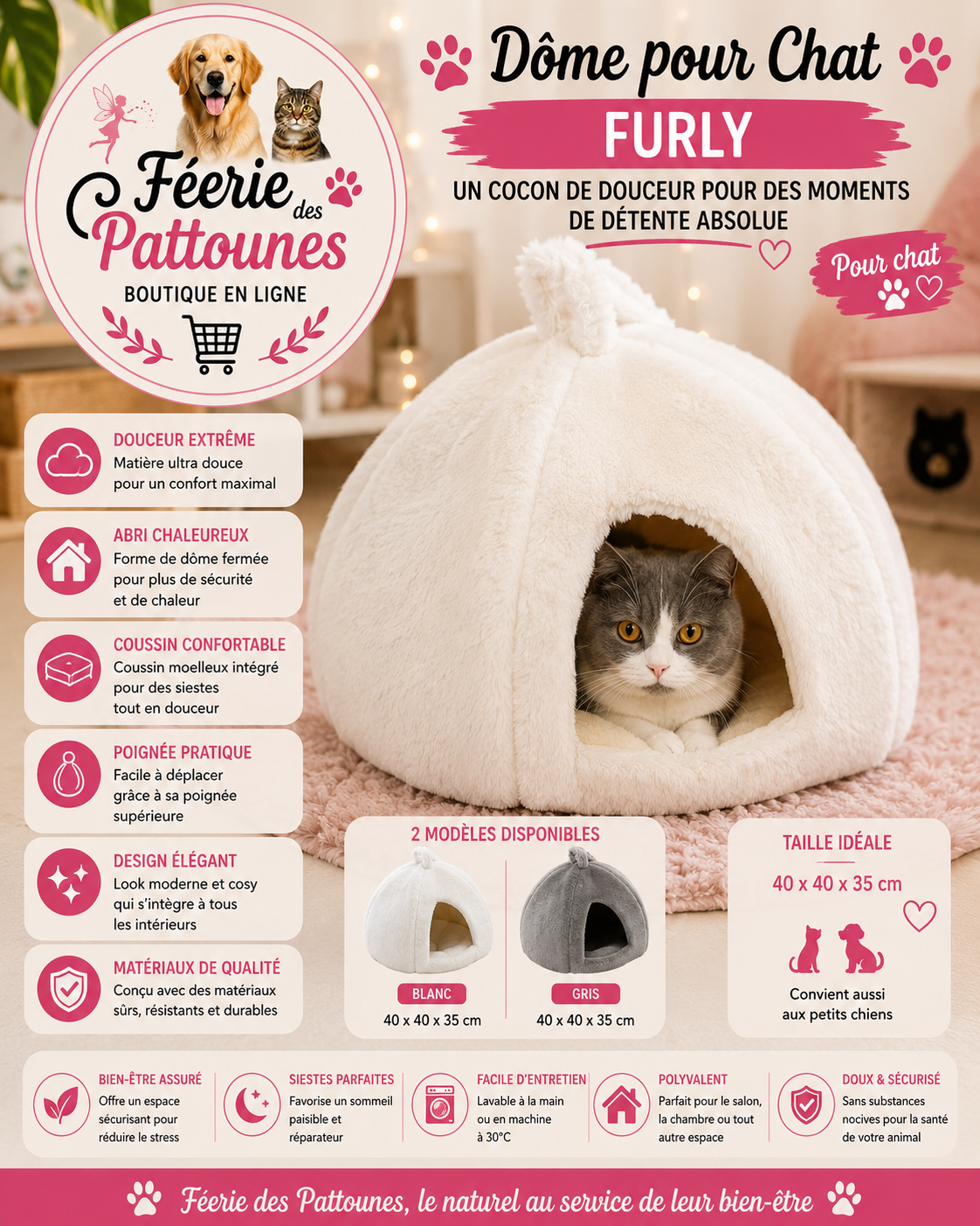 🤍🐱 Dôme Pour Chat Furly – Cocoon Douillet (Blanc ou Gris • 40 × 40 × 35 cm)