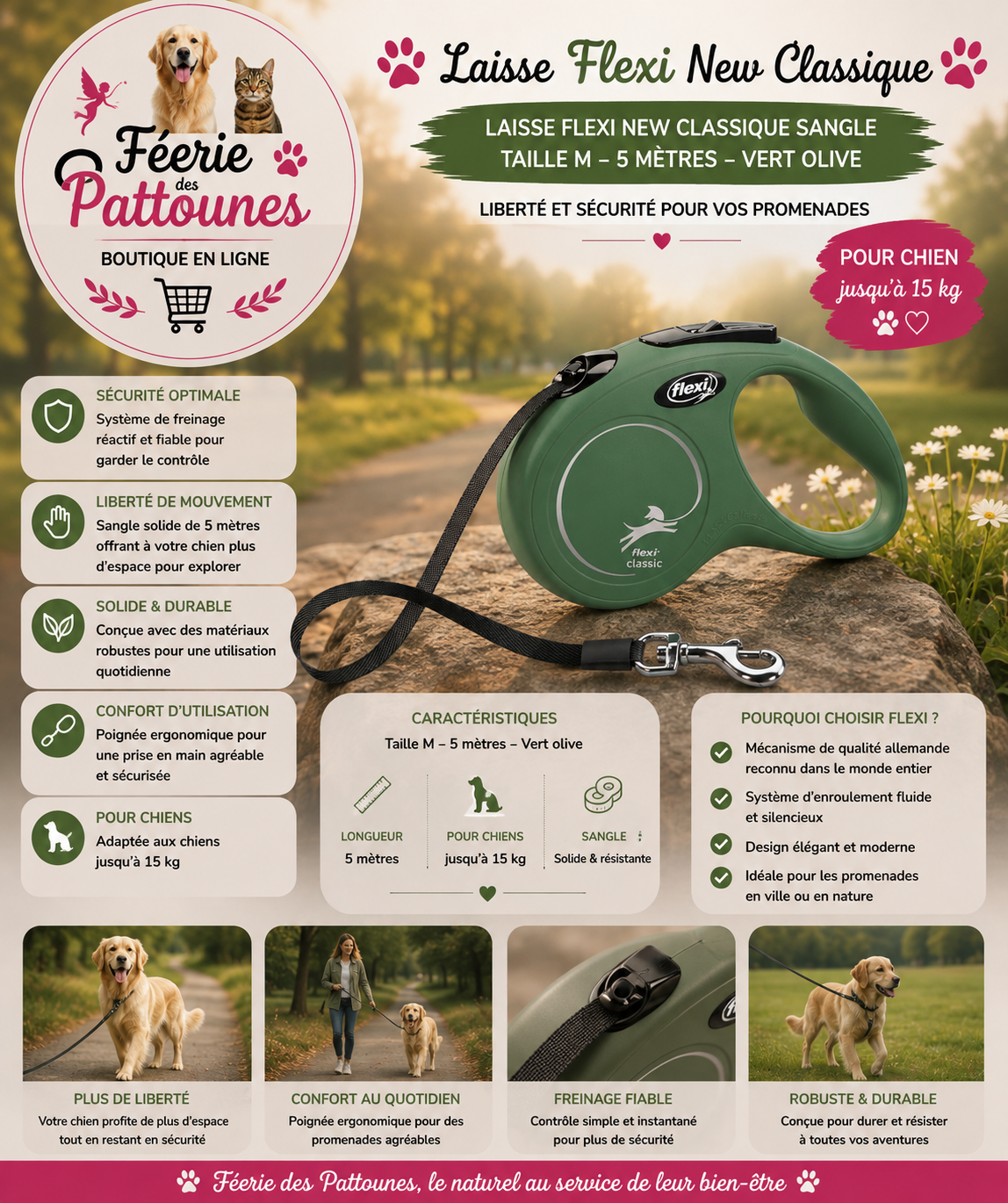 🫒🐾 Laisse Flexi New Classique – Sangle M • 5 m • Vert Olive