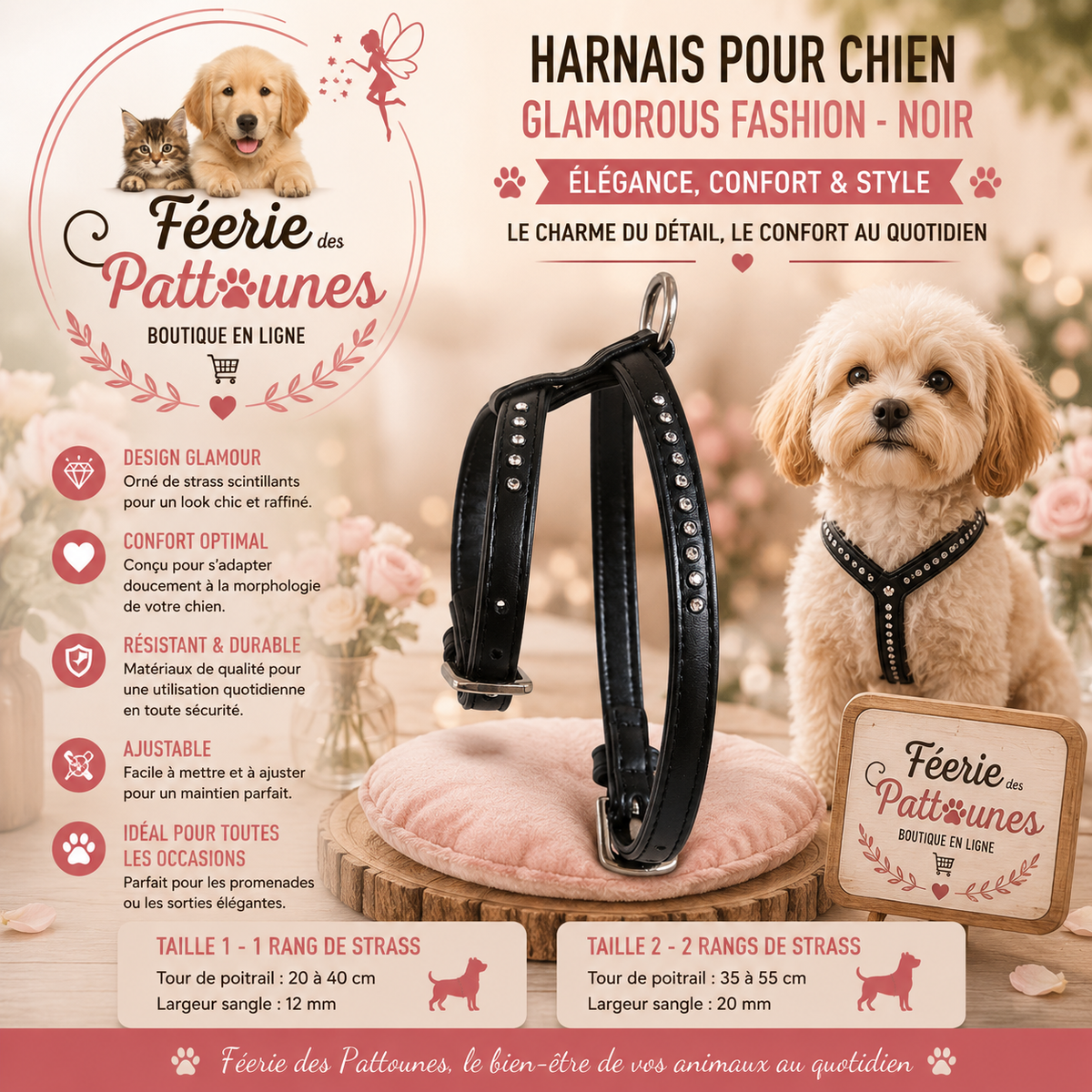 ⚫✨🐶 Harnais Glamorous Fashion – Noir (Tailles 1 • 2)