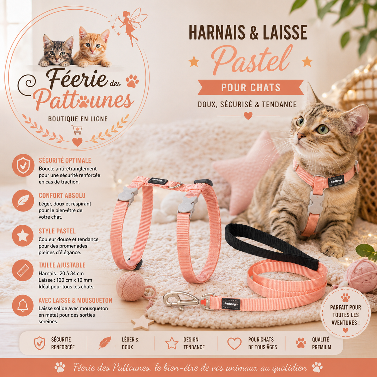 🍊🐾 Harnais & Laisse Pastel – Red Dingo (Chat)