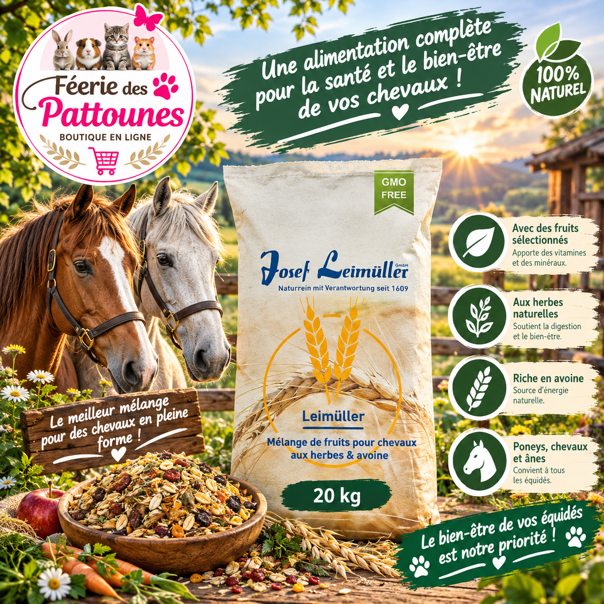 🍎🌿🐴 Leimüller – Mélange de Fruits pour Chevaux aux Herbes & Avoine (20 kg)