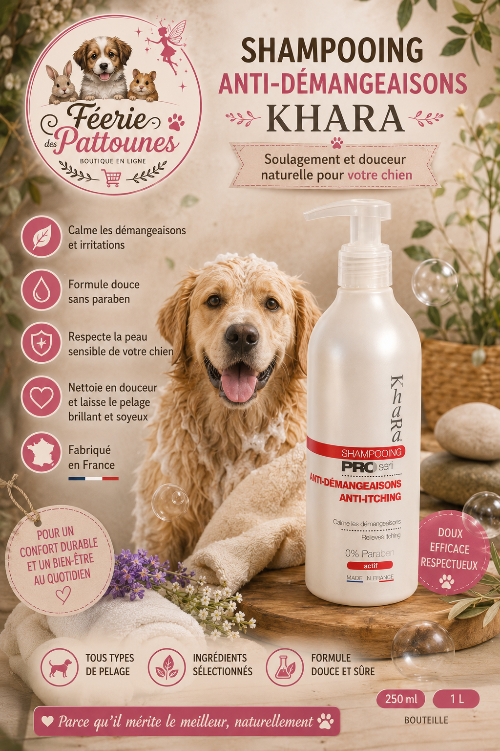 🧴 Khara Pro Series – Shampooing Anti‑Démangeaisons & Antipelliculaire (250 ml • 1 L)