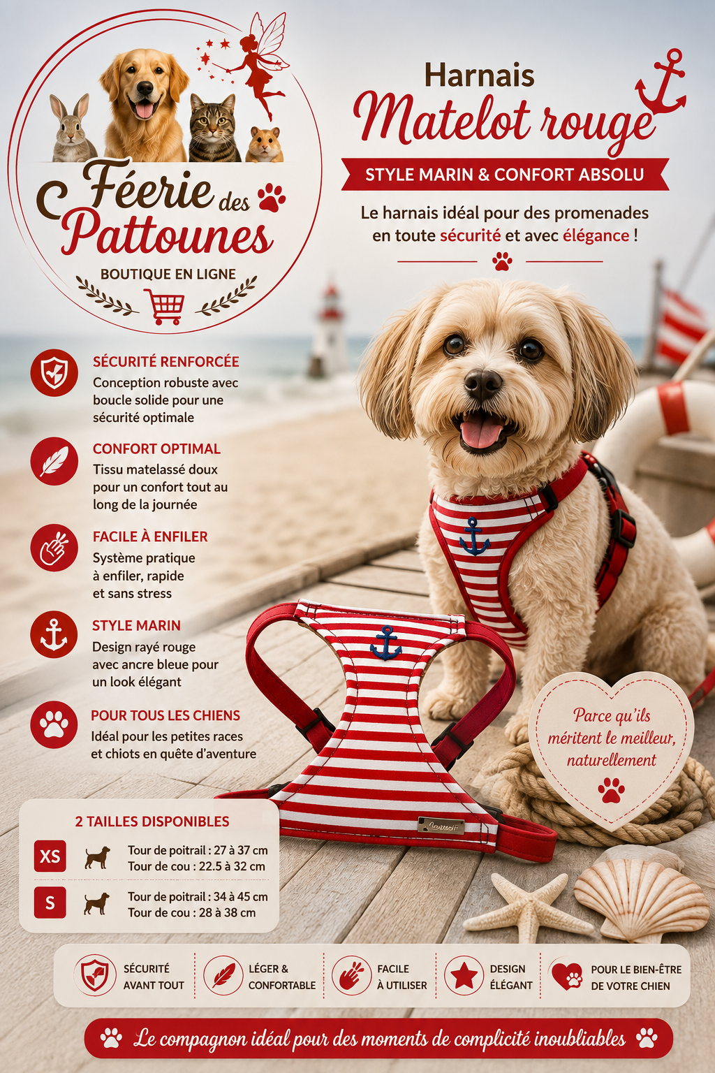 ❤️⚓🐶 Harnais Matelot – Rouge (Tailles XS • S)