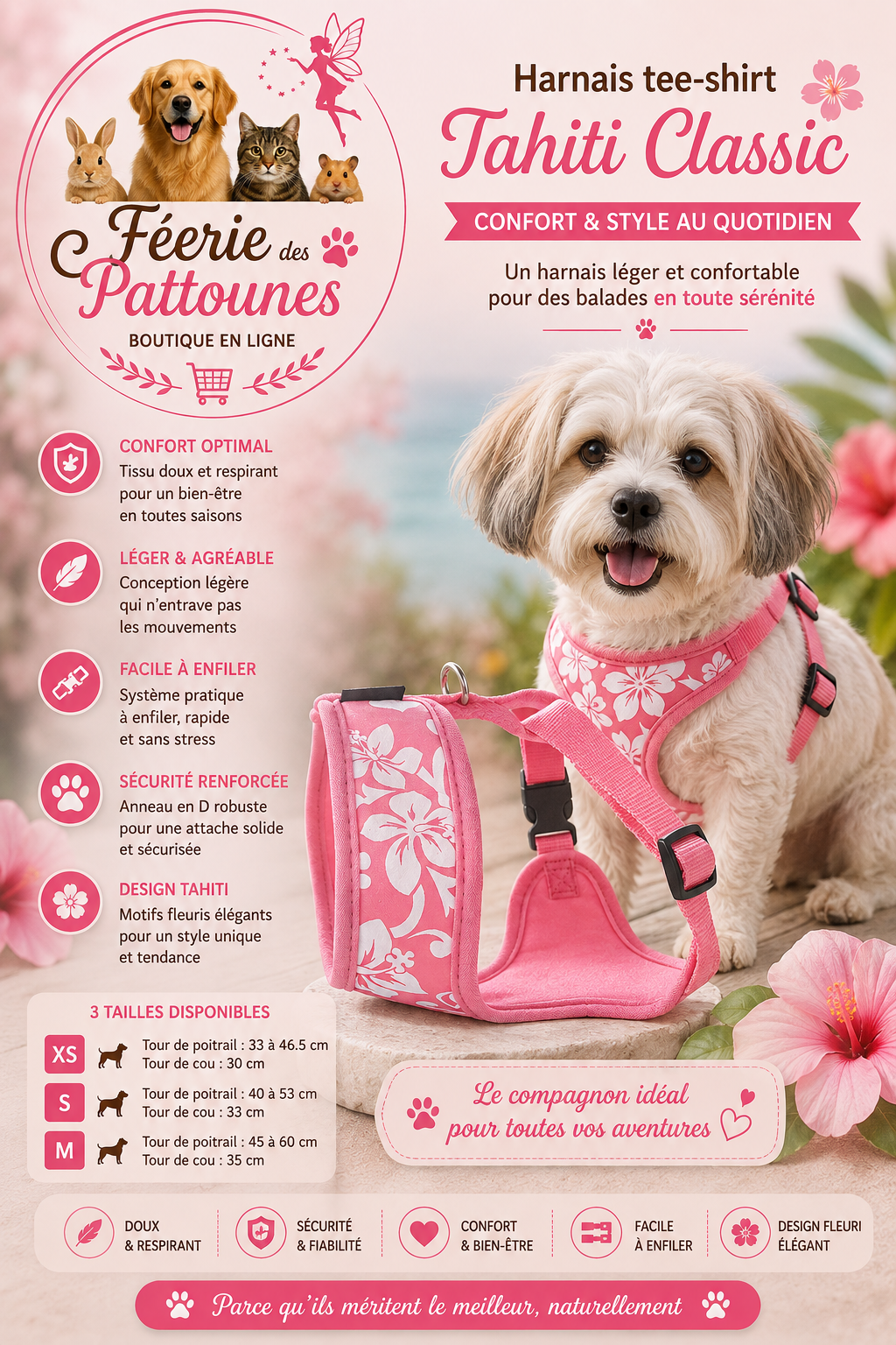 🌸🐶 Harnais Tee‑Shirt Tahiti Classic – Rose (Tailles XS • S • M)