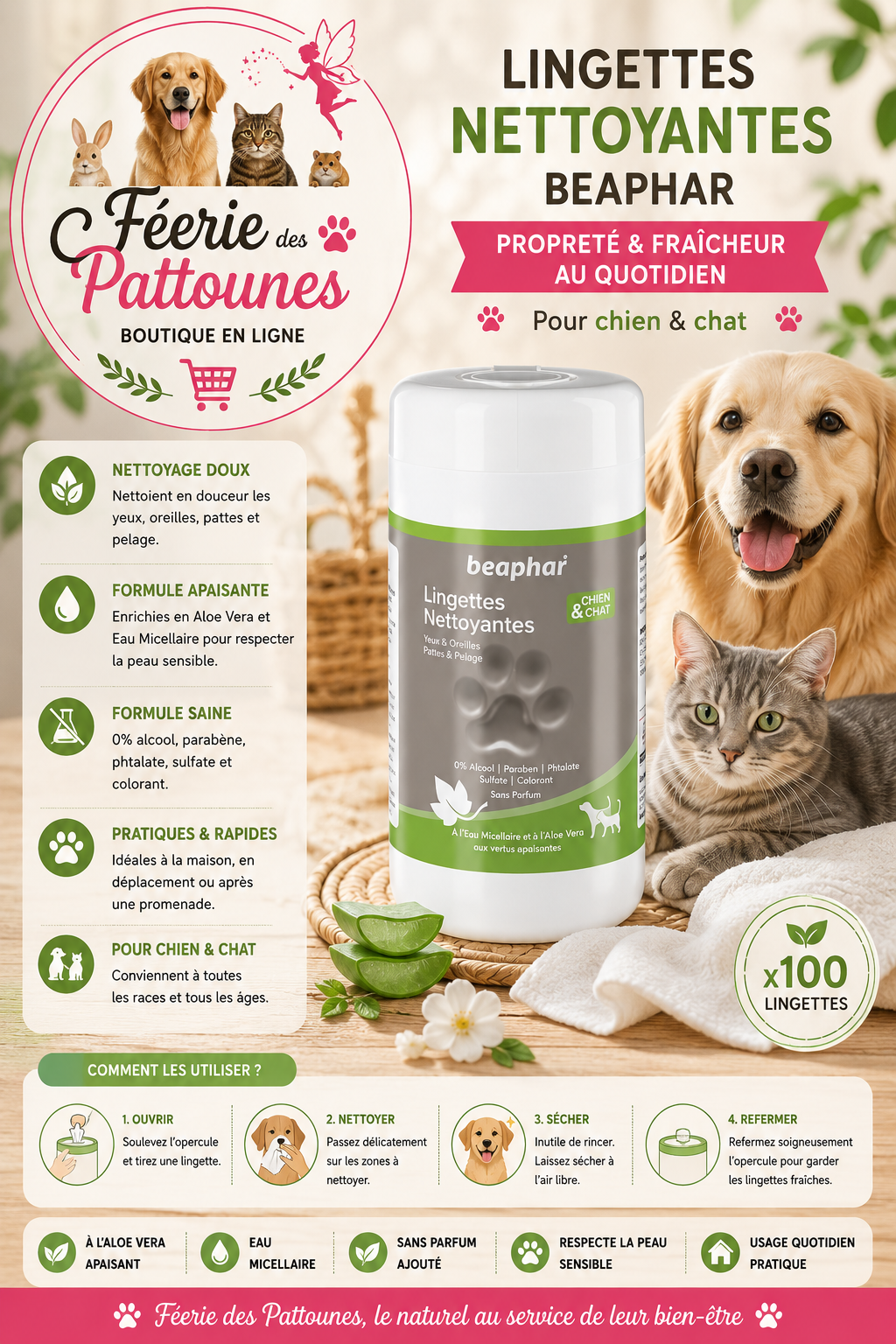 🌿🐾 Lingettes Nettoyantes – Beaphar (100 lingettes)