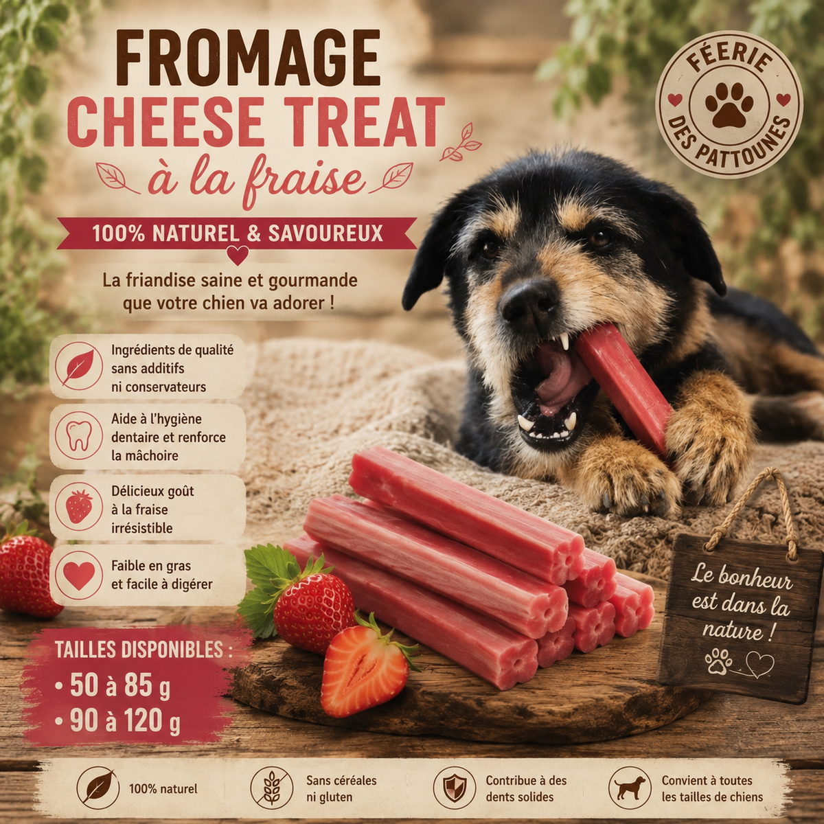 🍓 Fromage Cheese Treat à la Fraise – Friandise Naturelle pour Chien (Tailles M • L)
