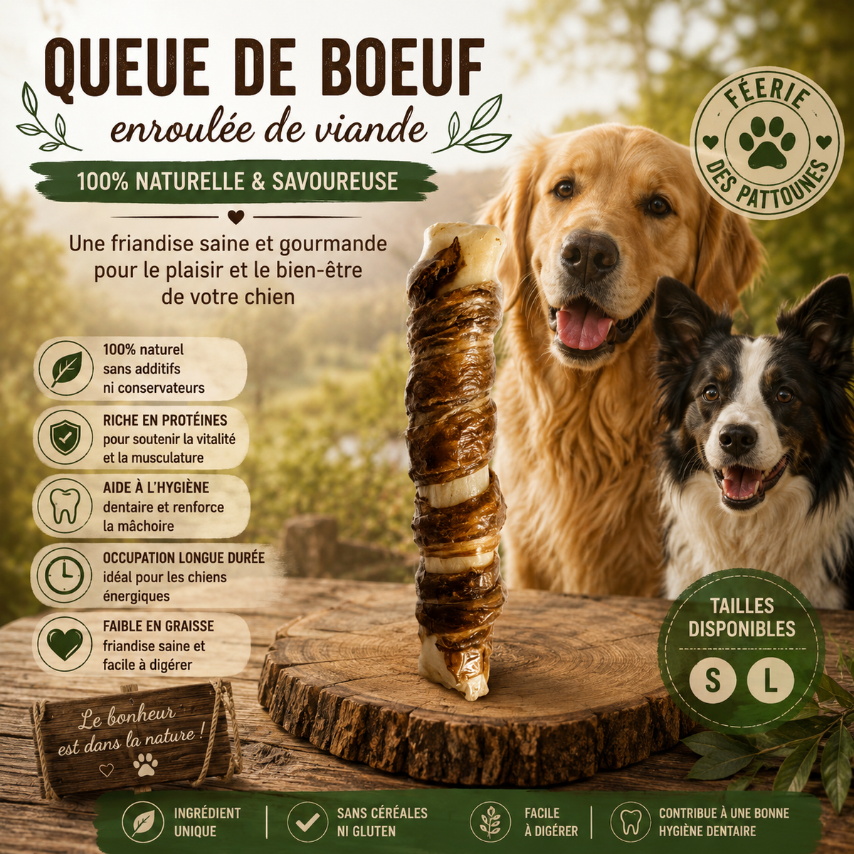 🐂 Queue de Bœuf Enroulée de Viande – Friandise Naturelle pour Chien (Tailles 15 cm • 30 cm)