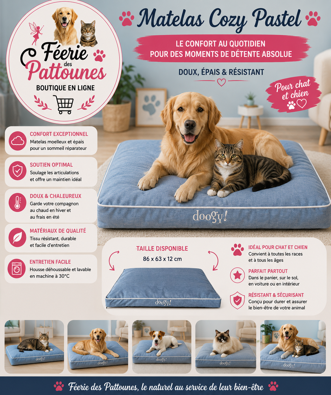💙🐾 Matelas Cozy Pastel – Bleu (86 × 63 × 12 cm)