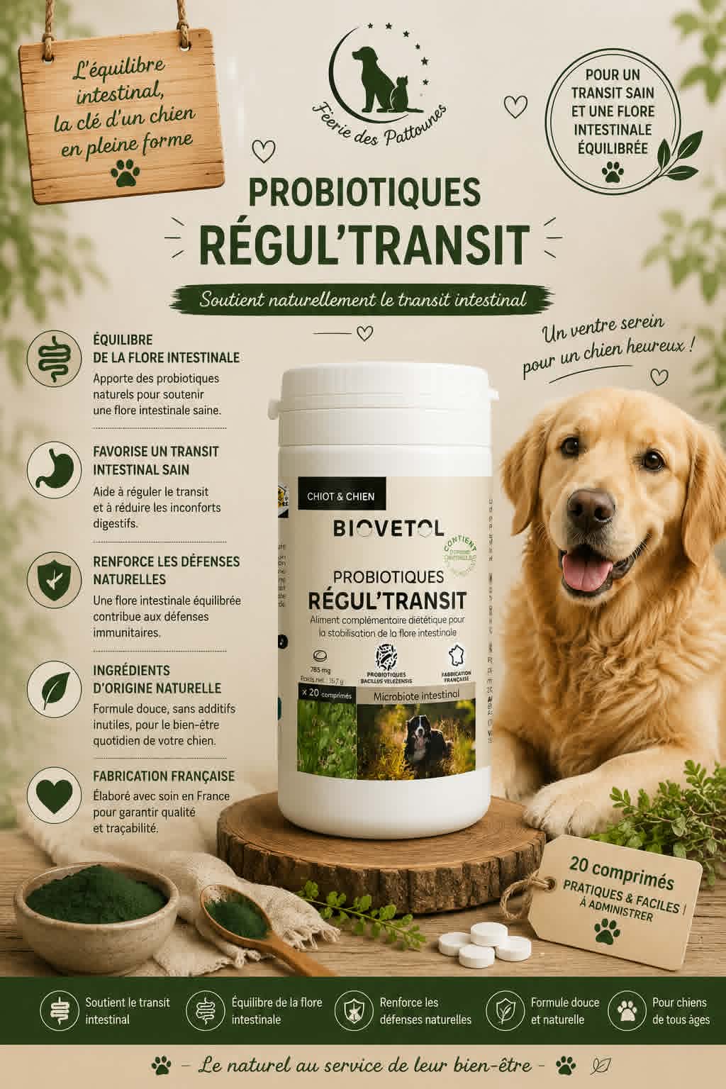 🐶 Regul’Transit Biovétol – Probiotiques Naturels pour Chien (20 comprimés)