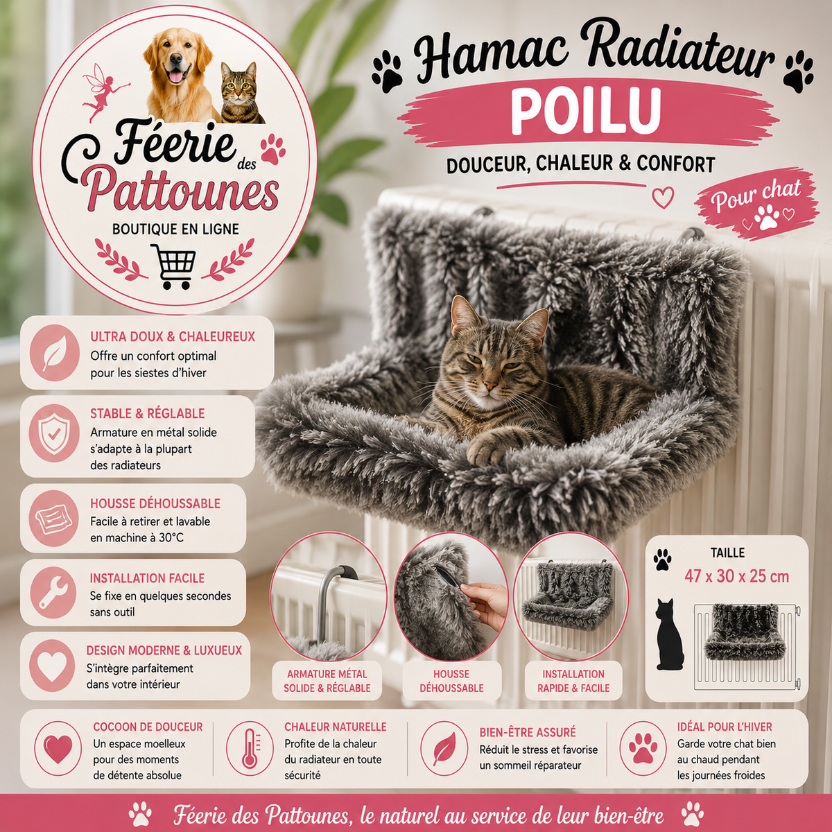 🤍🐱 Hamac Radiateur Poilu – Cocon Douillet pour Chat (47 × 30 × 25 cm)