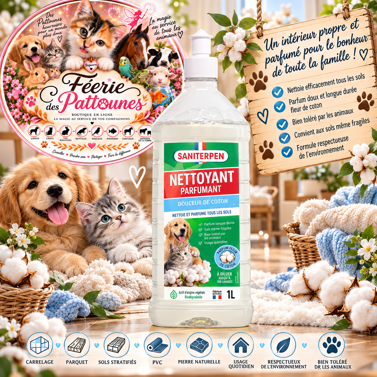 🌸 Saniterpen Nettoyant Parfumant « Douceur de Coton » – 1 L