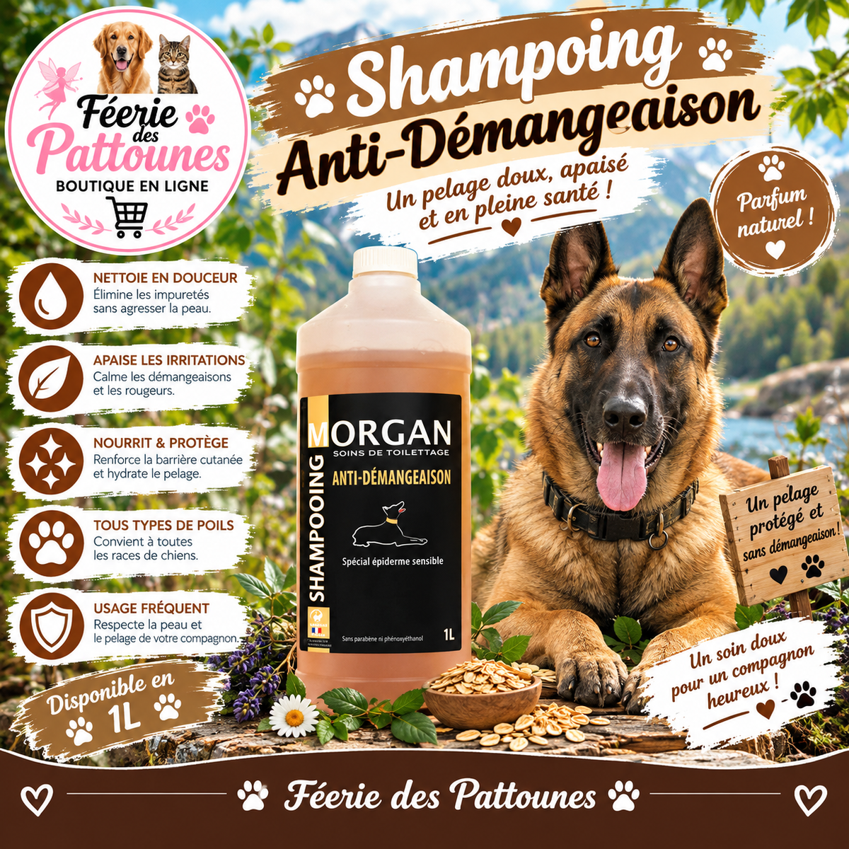 🐾🌿 Shampoing Morgan – Anti‑Démangeaison (1 L)