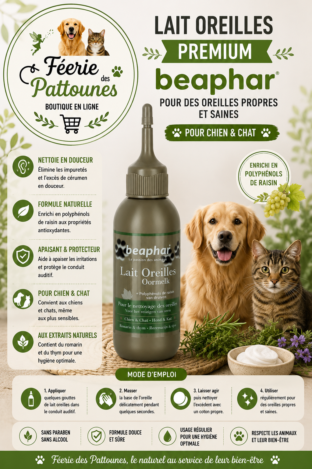 🌿🐶 Lait Oreilles Premium – Beaphar (125 ml)