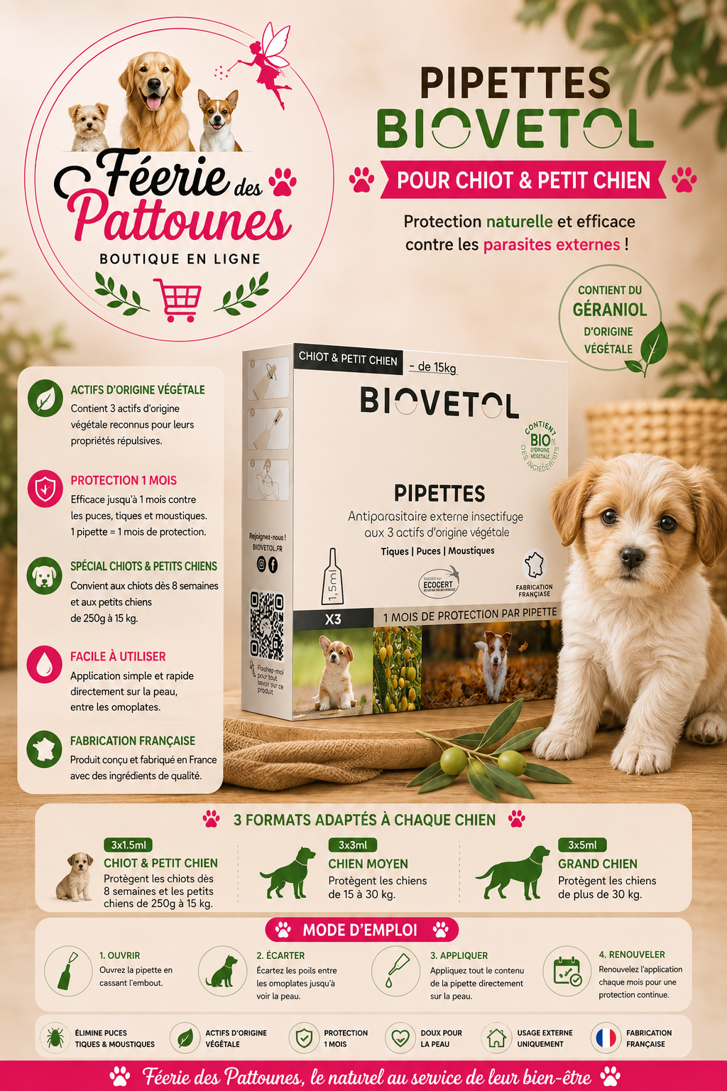 🛡️🐶 Pipettes Antiparasitaires BIOVETOL – Chien & Chiot (3 x 1,5 ml • 3 ml • 5 ml)