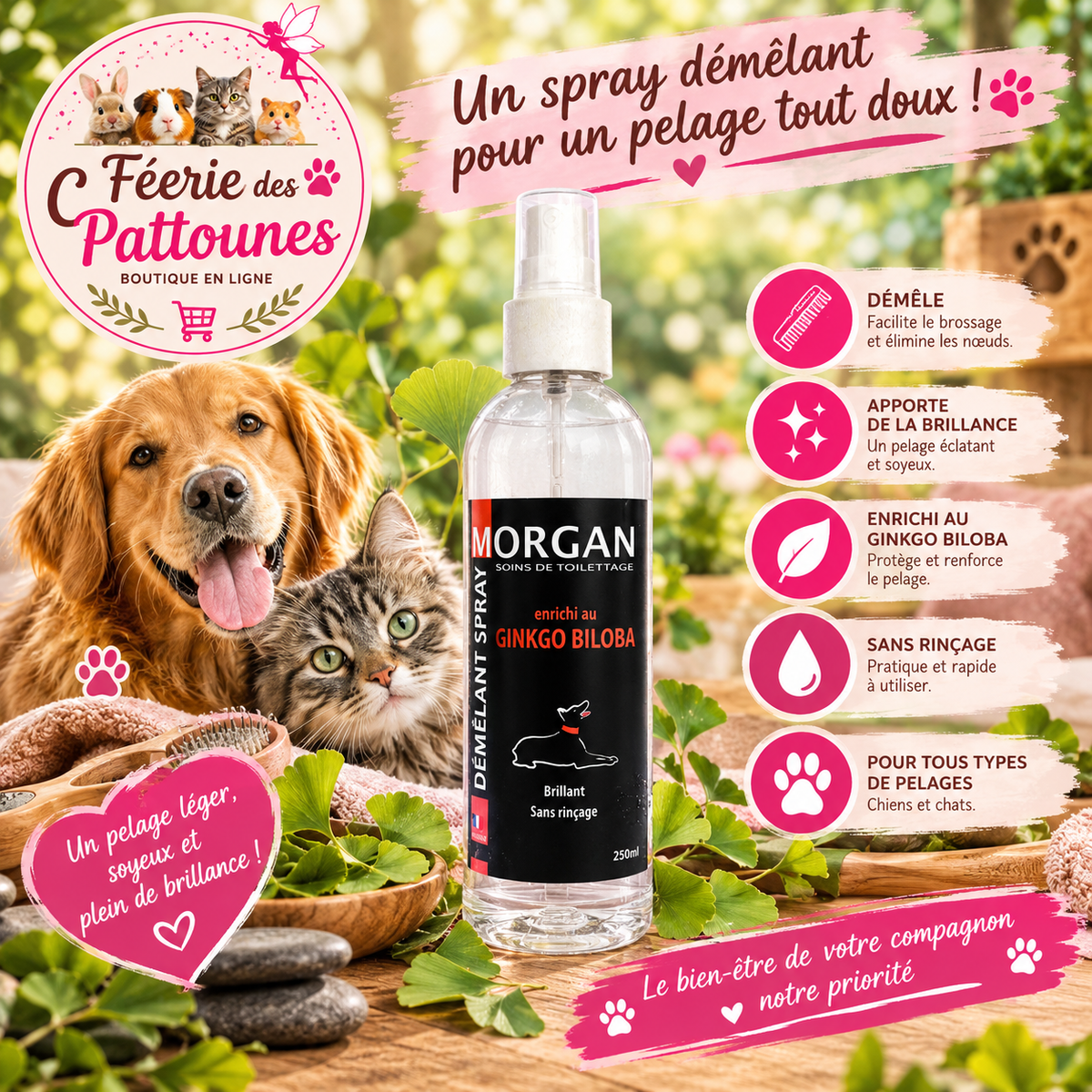 🍃🐾 Spray Démêlant Morgan – Senteur Ginkgo Biloba (250 ml • 1 L)