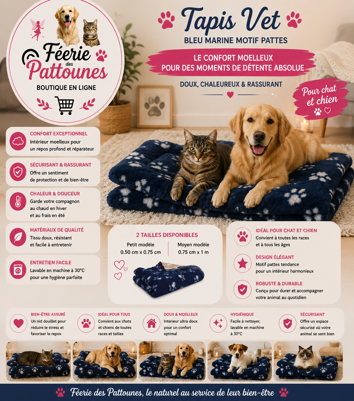 💙🐾 Tapis Vet – Bleu Marine Motif Pattes (2 tailles)