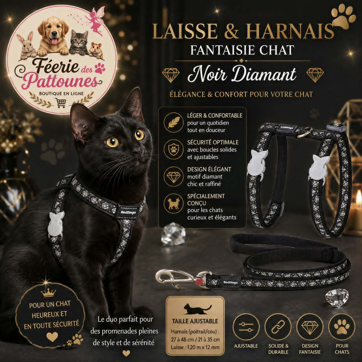 🖤💎 Harnais & Laisse Fantaisie Noir Diamant – Red Dingo (Chat)
