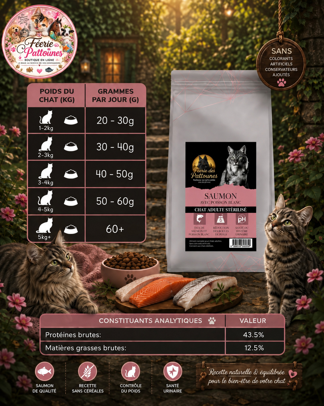 🐱 Croquettes Sans Céréales – Saumon & Poisson Blanc – Chat Stérilisé (1,5 kg & 5 kg)