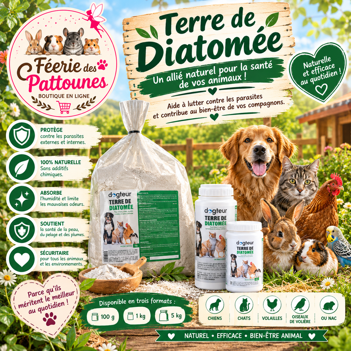 🌿🛡️ Terre de Diatomée Dogteur – 100 g, 1 kg et 5 kg