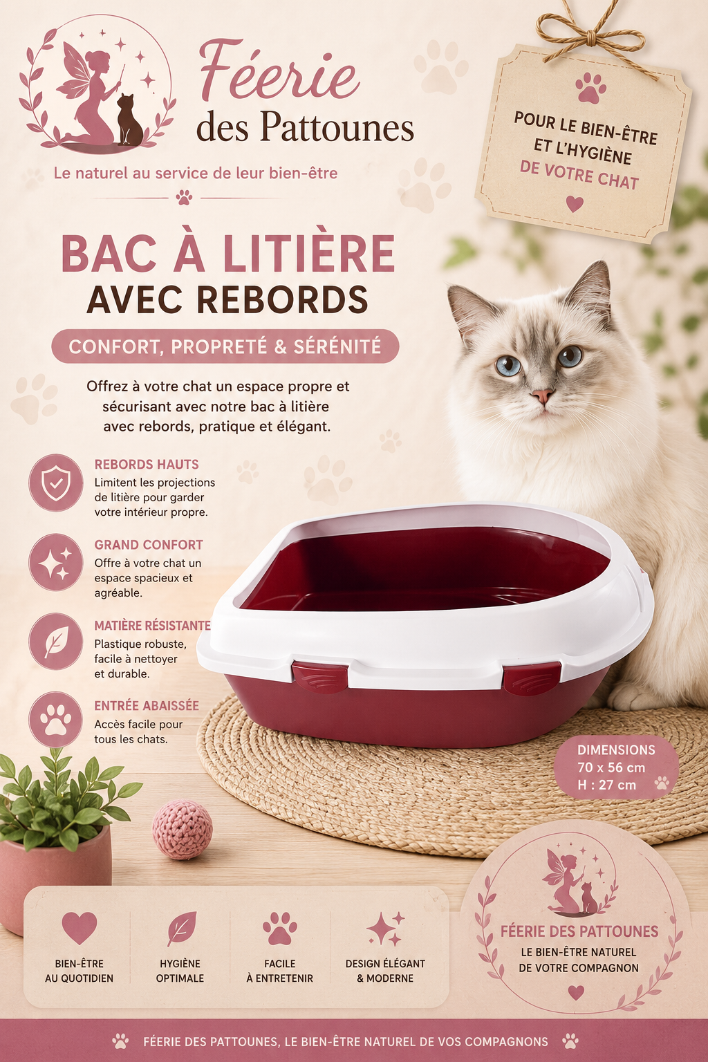 🐾 Bac à Litière avec Rebords – Grand Modèle Bordeaux (70 × 56 × 27 cm)
