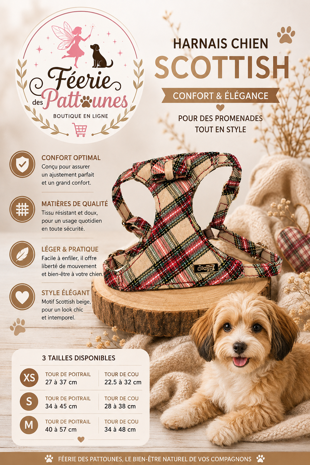 🤎🏴🐶 Harnais Scottish – Beige (Tailles XS • S • M)