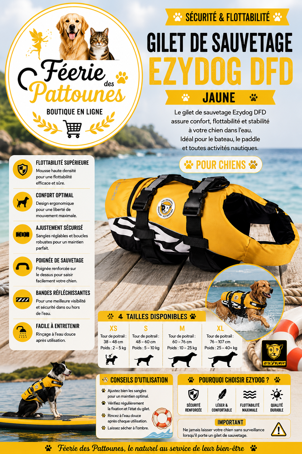 🟡🐶 Gilet de Sauvetage EzyDog DFD – Jaune (4 tailles)