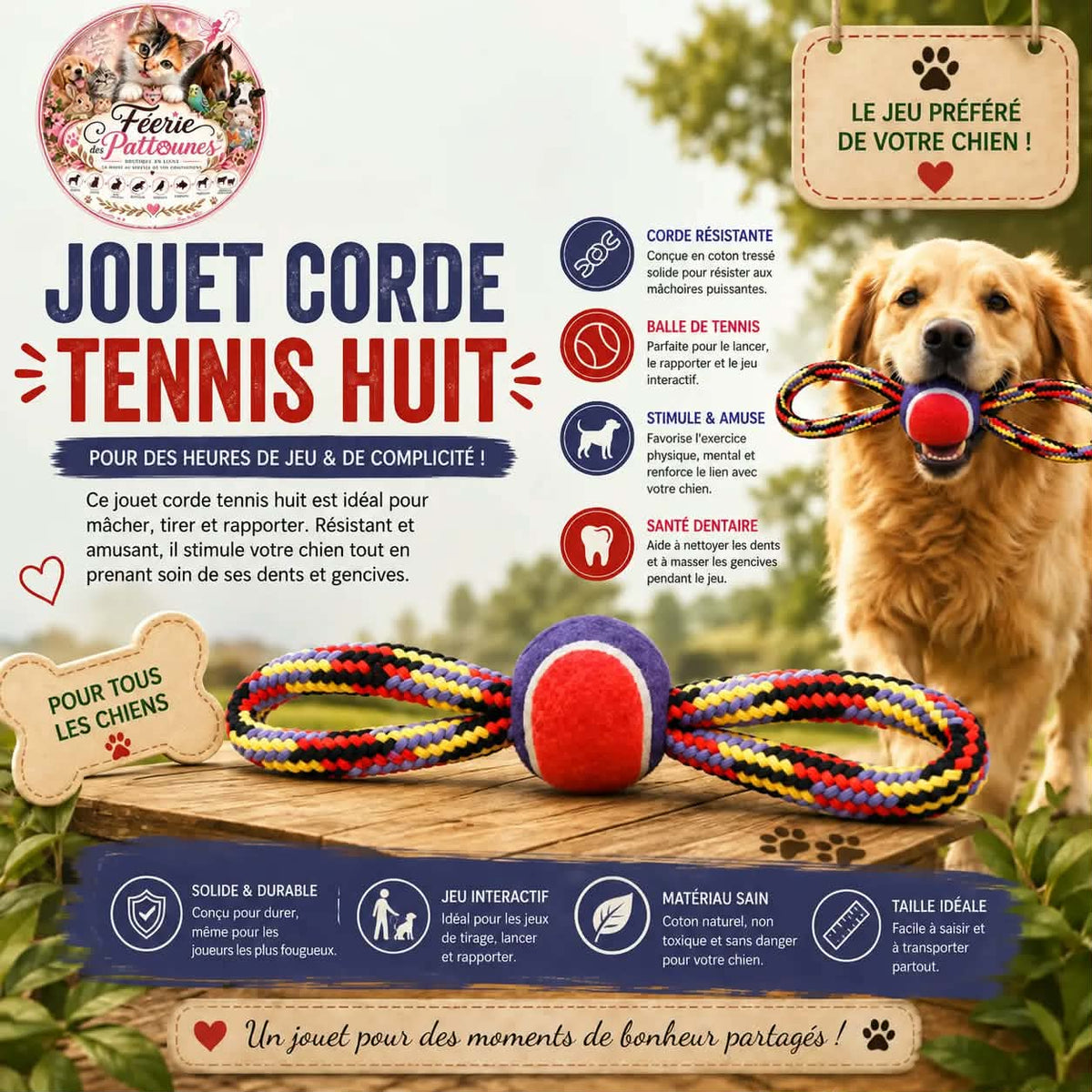 🎾 Jouet Corde Tennis Huit pour Chien – 35 cm