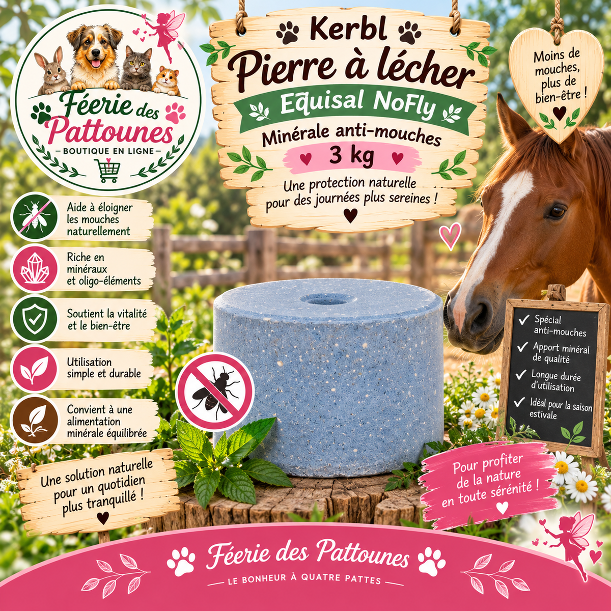 🧂🪰🐴 Kerbl – Pierre à Lécher Minérale Anti‑Mouches Equisal NoFly (3 kg)
