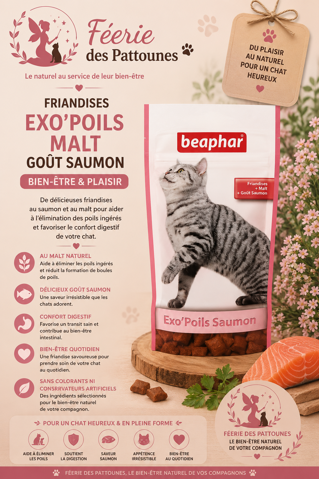 🐟 Friandises Beaphar Exo’Poils – Malt Goût Saumon (35 g)