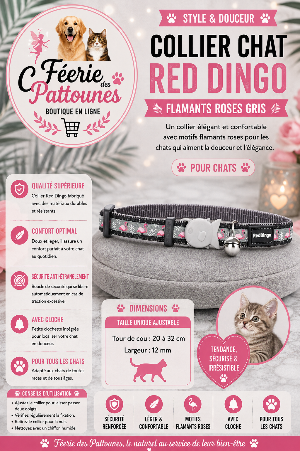 🦩🐾 Collier Red Dingo Fantaisie – Gris Flamants Roses (20 à 32 cm × 12 mm)