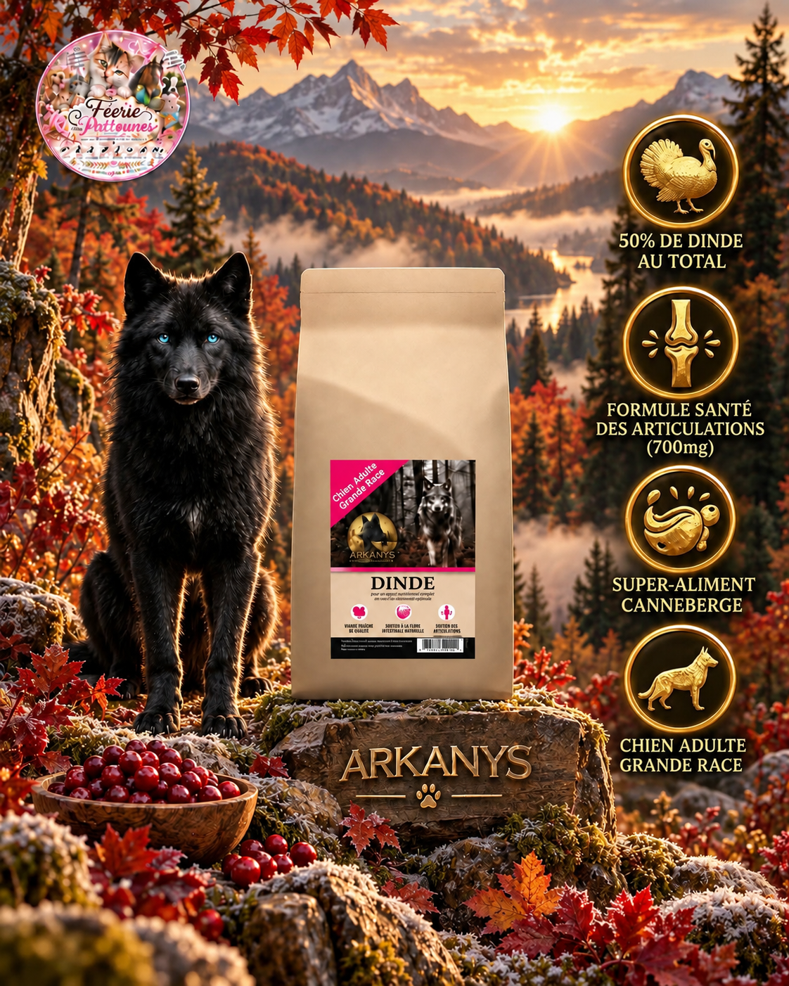 🦃 Croquettes Sans Céréales – Dinde, Patate Douce & Canneberge – Chien Adulte Grande Race (12 kg)