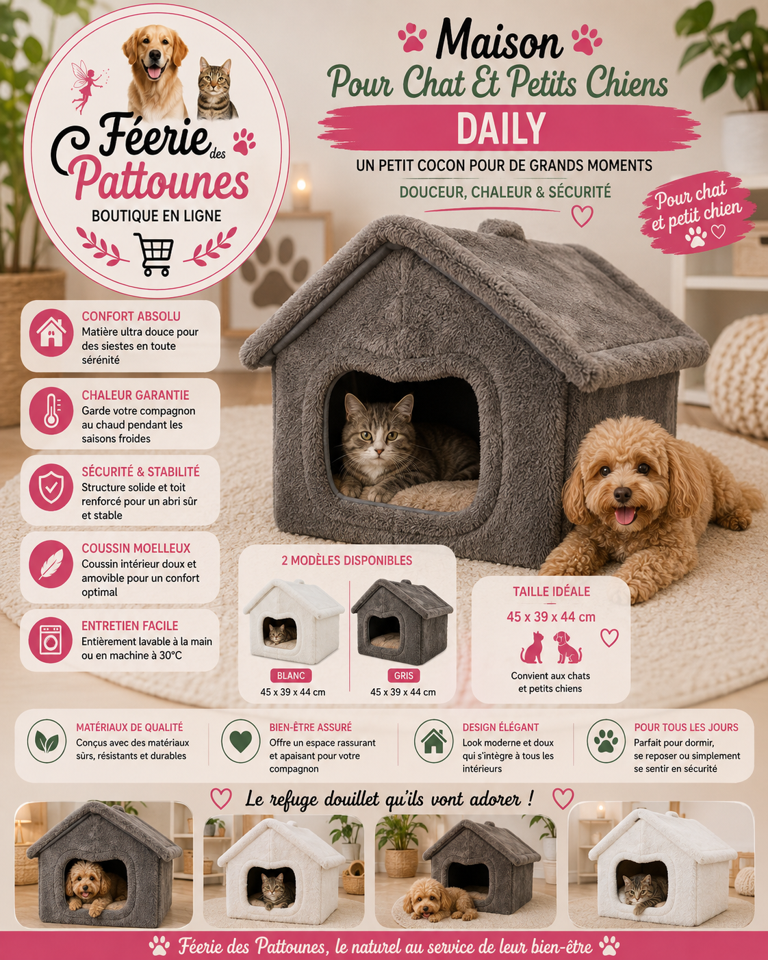 🤍🐾 Maison Daily – Cocoon Douillet pour Chat & Petit Chien (Blanc ou Gris • 45 × 39 × 44 cm)