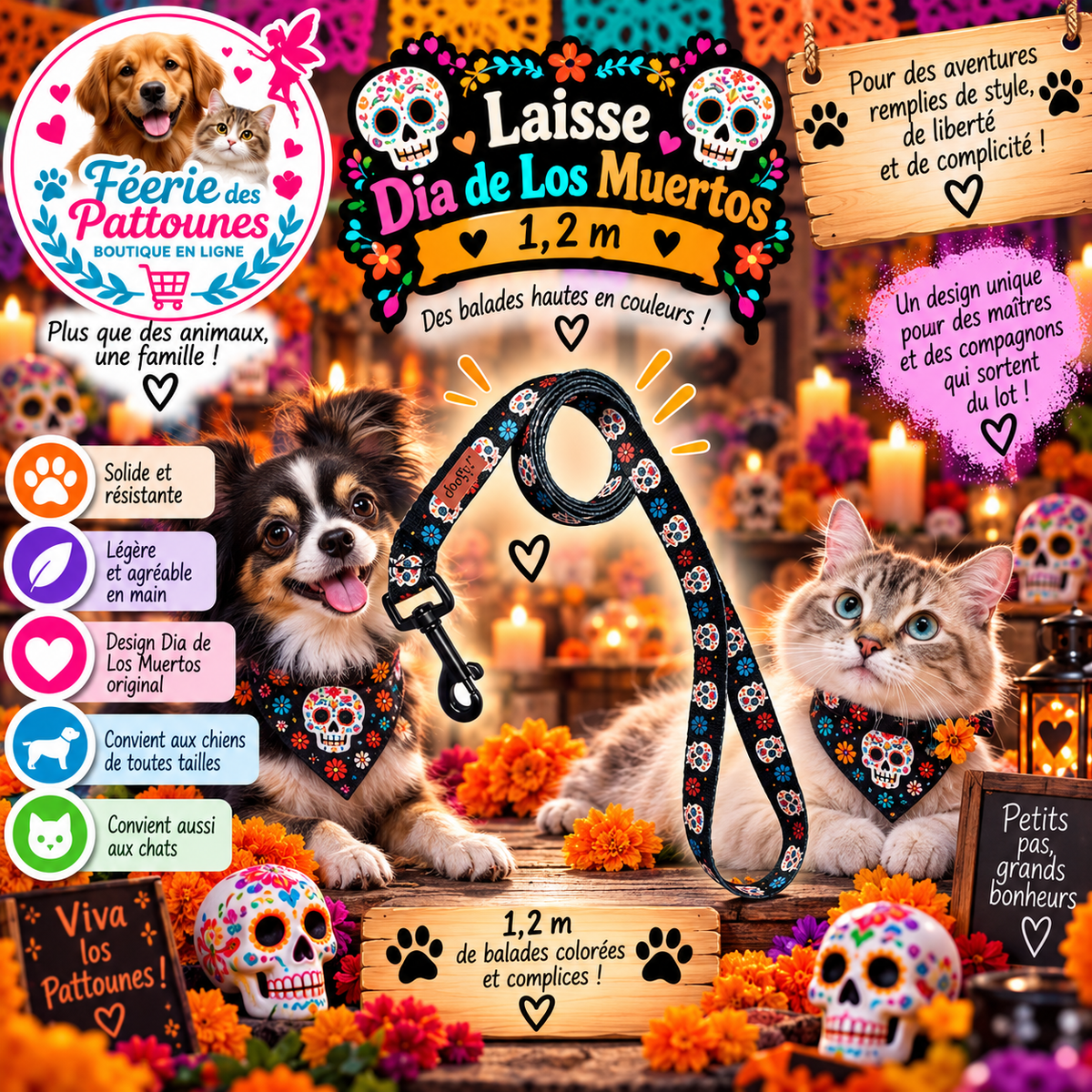💀🖤 Laisse Dia de Los Muertos – 120 cm
