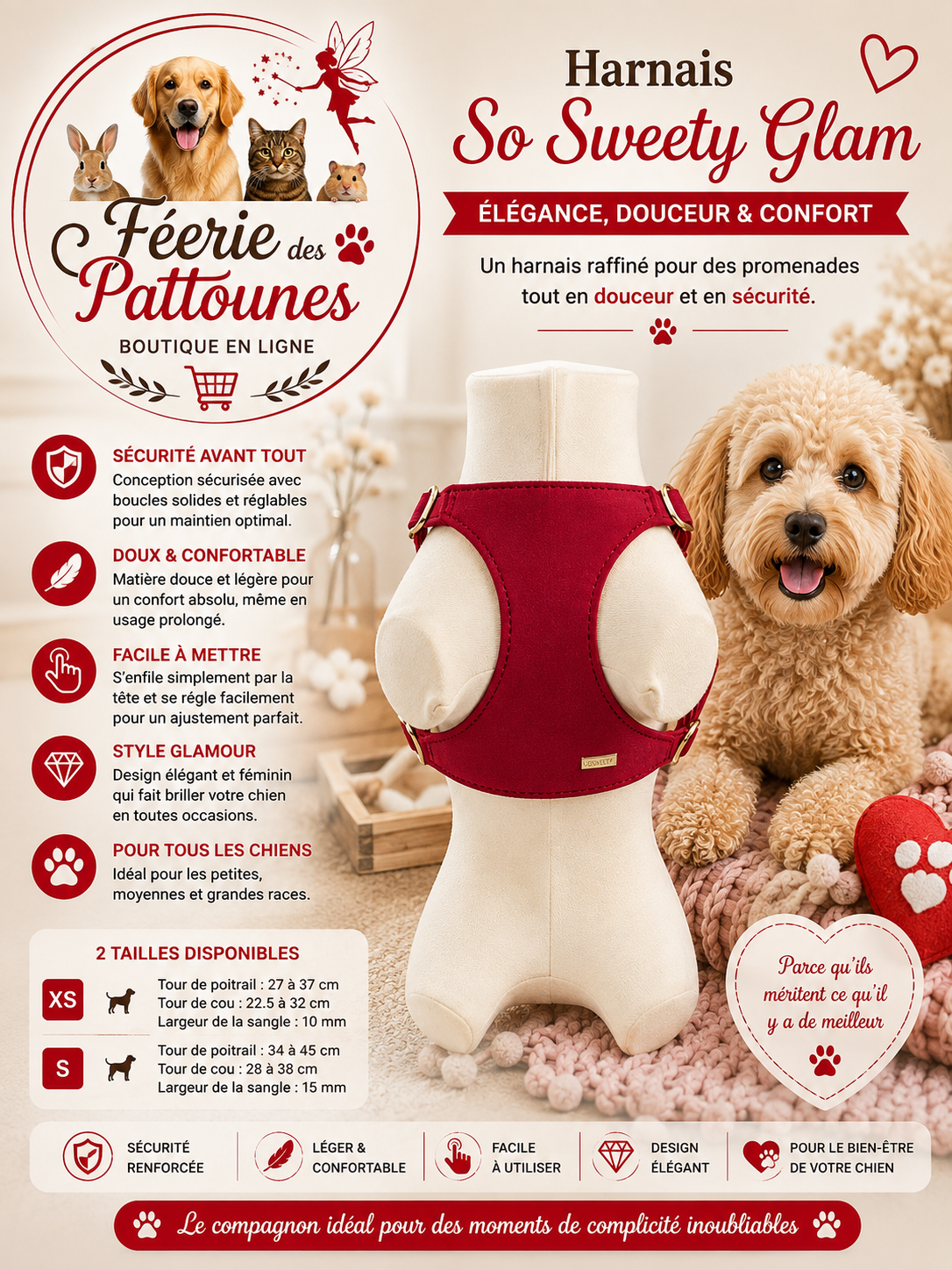 ❤️✨🐶 Harnais So Sweety Glam – Rouge (Tailles XS • S)