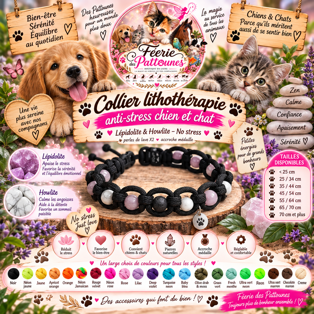 🐶🐱✨ Collier Lithothérapie Anti‑Stress – “No Stress”