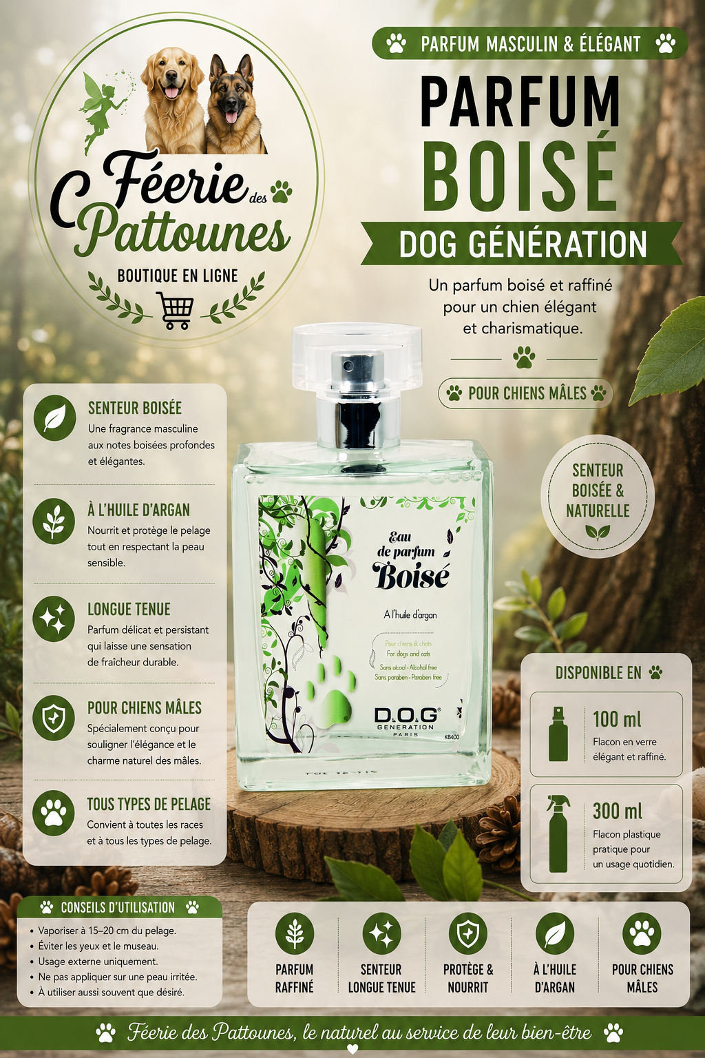 🌲 Parfum Boisé – Dog Génération (100 ml • 300 ml)