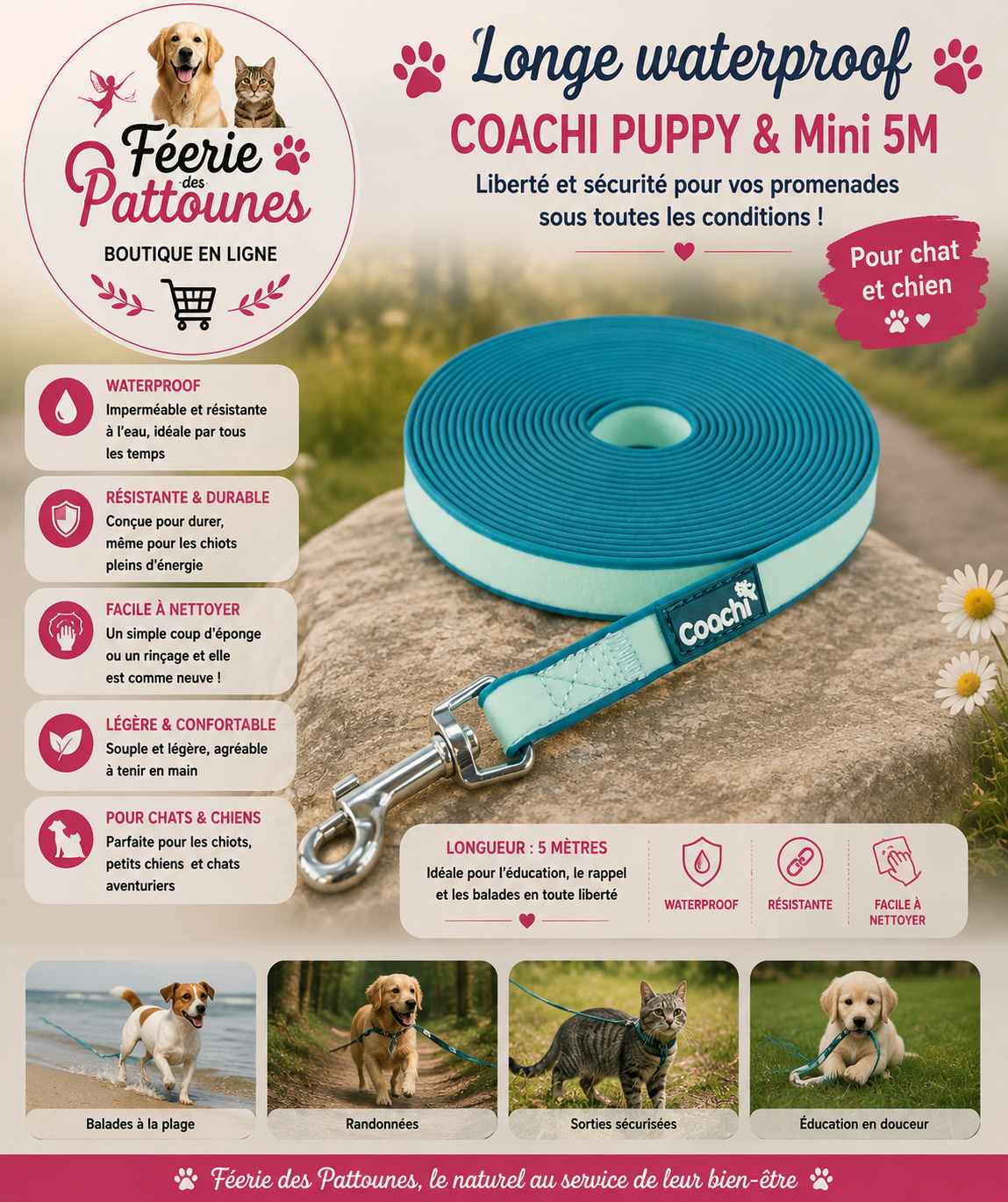 🔵🐾 Longe Waterproof COACHI Puppy & Mini – 5 m