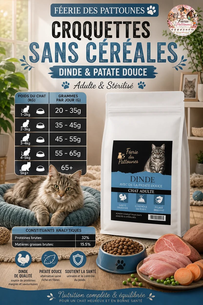 🐱 Croquettes Sans Céréales – Dinde & Patate Douce – Chat Adulte & Stérilisé (7,5 kg & 2 kg)