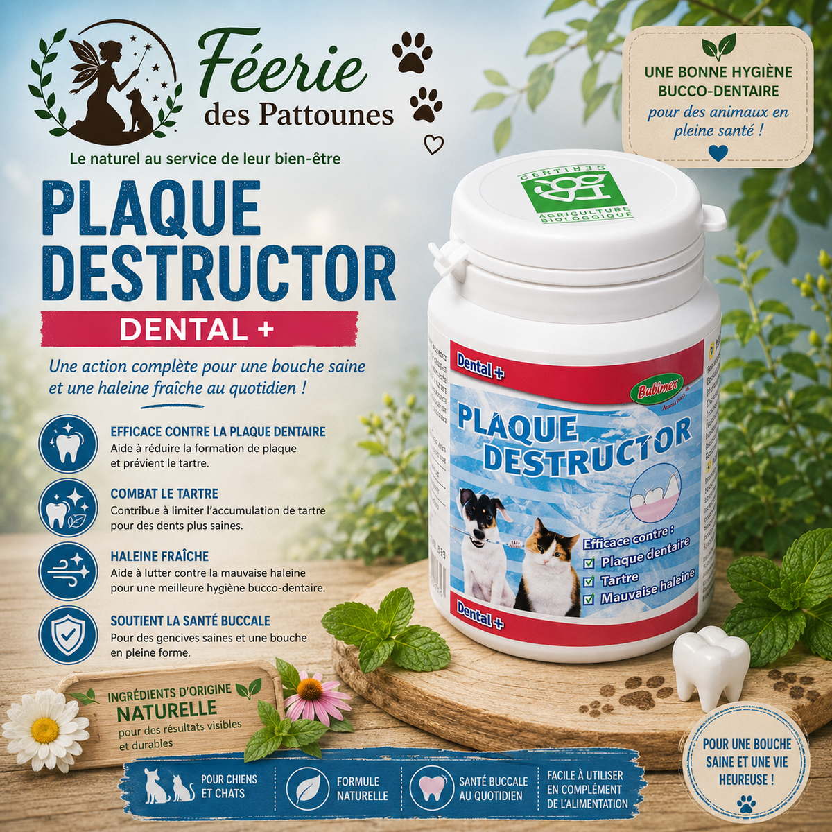 🦷 Plaque Destructor – Hygiène Dentaire Naturelle Chien & Chat (80 g • 160 g)
