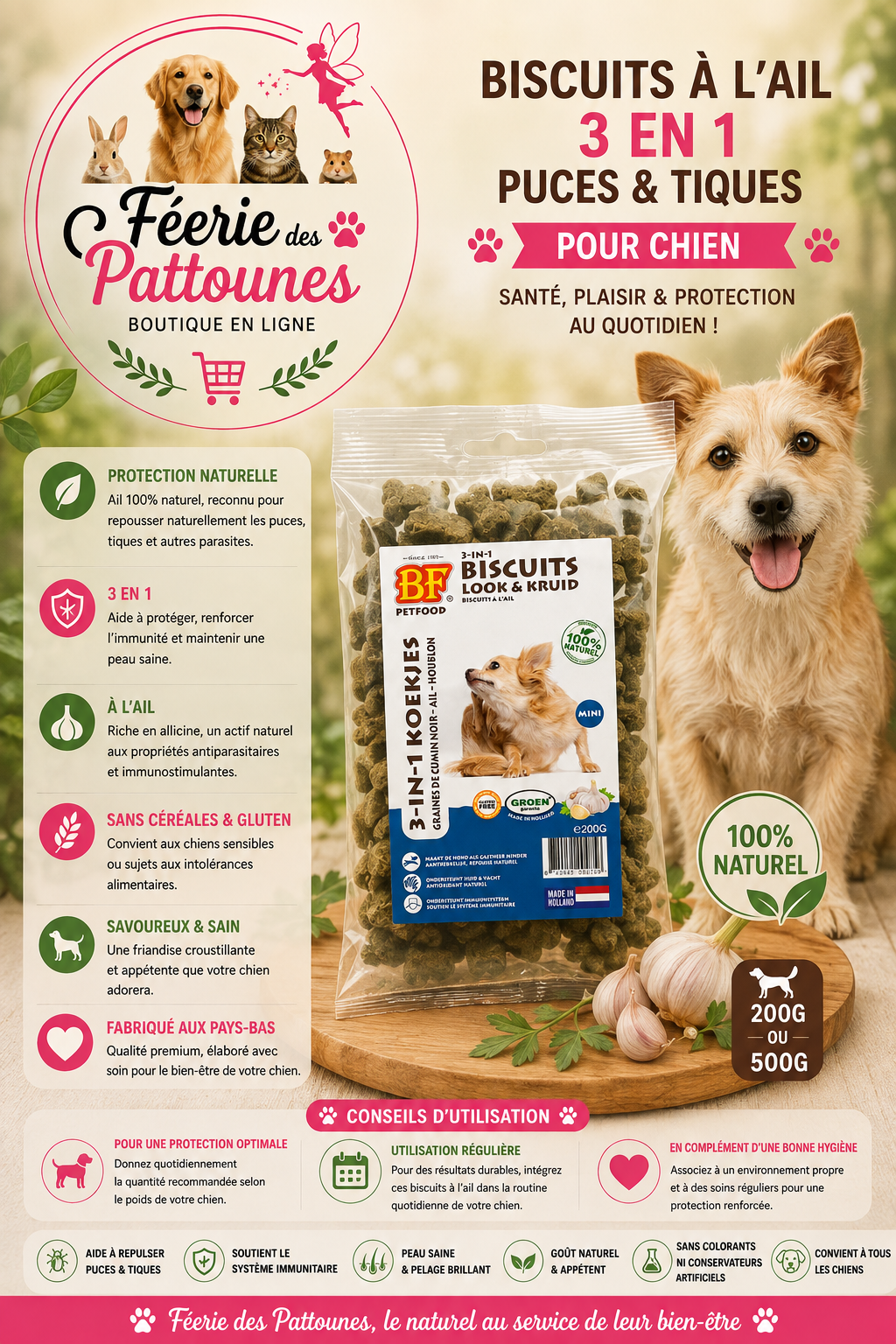 🧄🐶 Biscuits à l’Ail 3‑en‑1 – Biofood (200 g • 500 g)