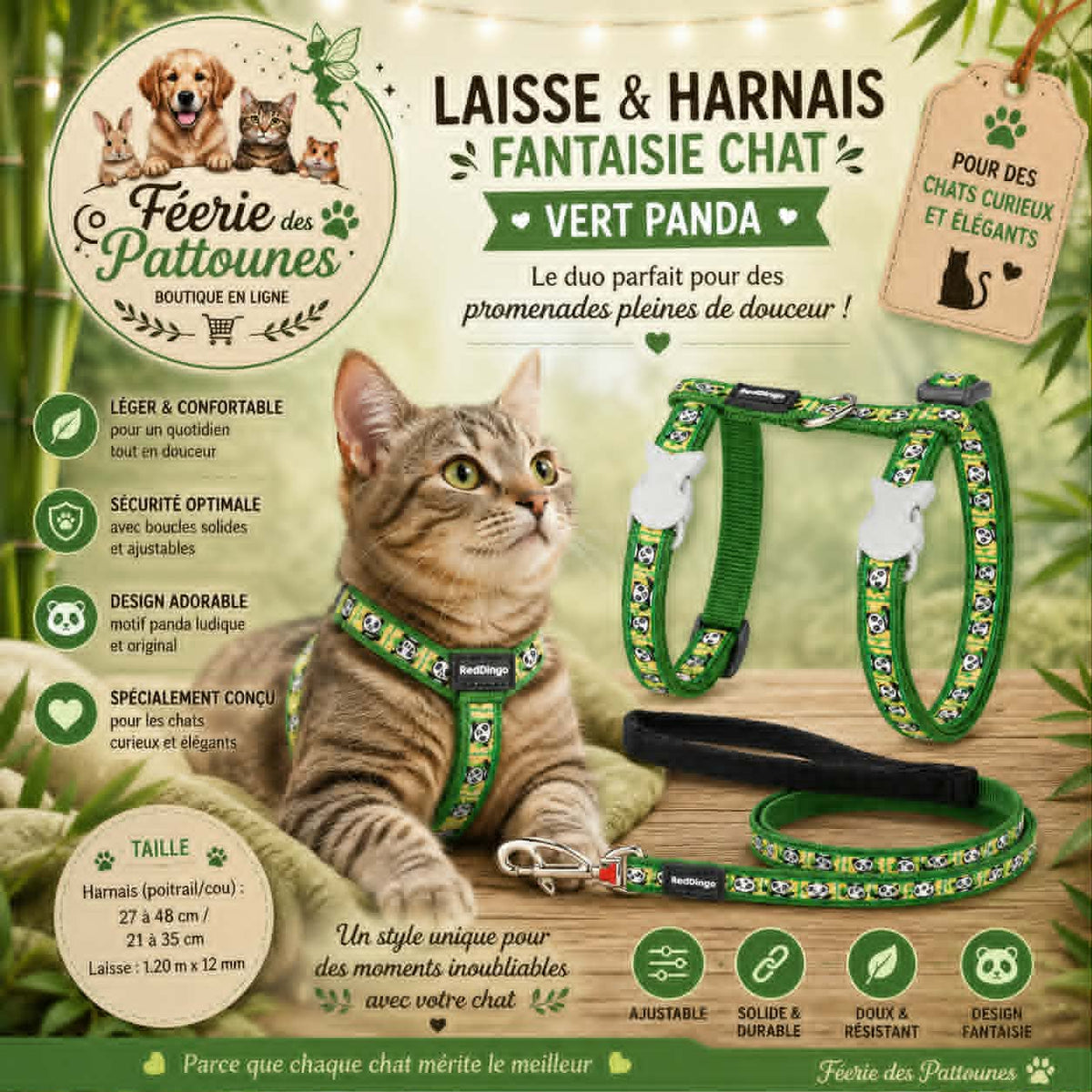 💚🐼 Harnais & Laisse Fantaisie Vert Panda – Red Dingo (Chat)
